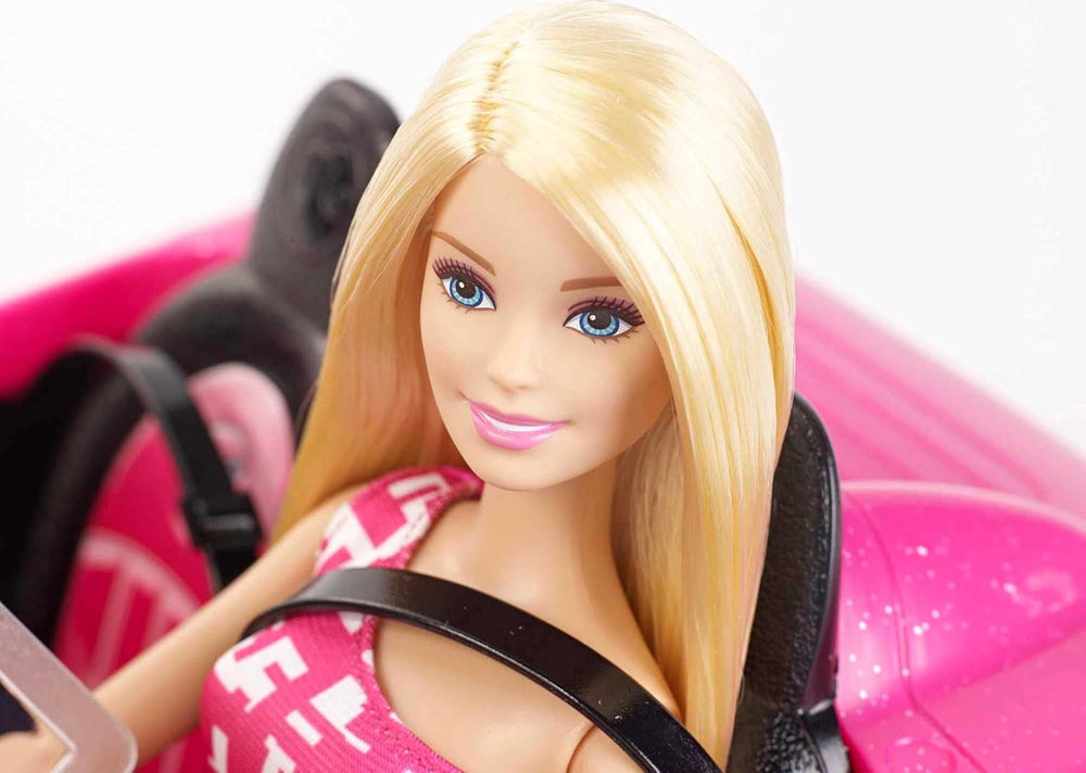 Barbie Puppe und Cabrio in rosa mit Glitzer, realistische Reifen Logo, Spielzeug ab 3 Jahren, DJR55