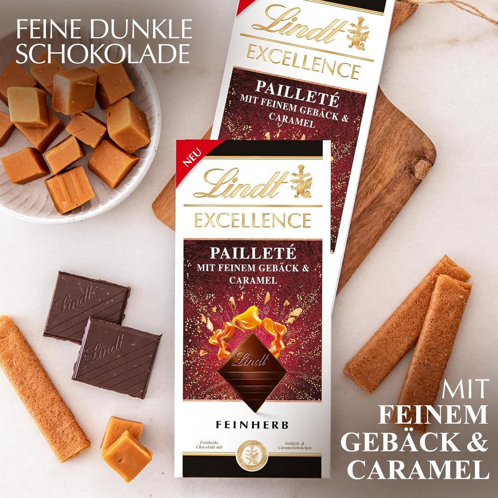 Lindt EXCELLENCE Pailleté Biscuits & Caramel - Ciocolată fină cu tartă, 100 grame Bomboane de Ciocolata Naty Shop