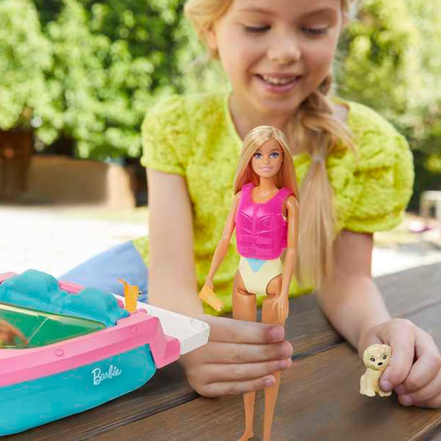 Barbie Speedbåd Sæt, Barbie Dukke med Blondt Hår, Pink Redningsvest, Båd, Hvalp, Tilbehør, Gaver til 3+, Grg30 Naty Shop Dolls