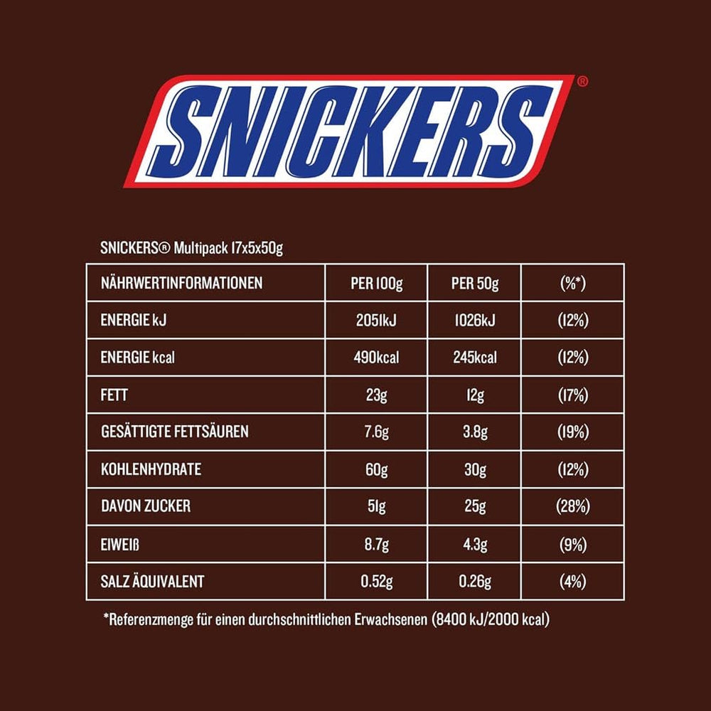 Snickers Chocolate Bar Peanut Caramel 5 Bar Pack | Snack fodbold | (1 x 5 x 50 g)