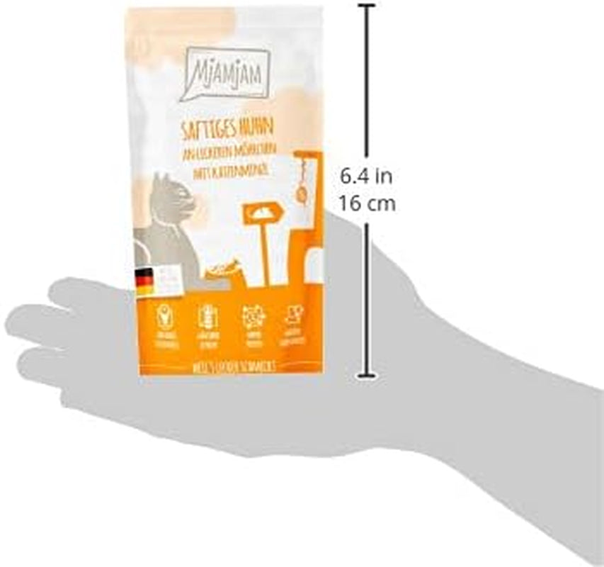 MjAMjAM - Hrană umedă premium pentru pisici - pungă compresibilă - pui suculent cu morcovi delicioși, pachet de 12 (12 x 125 g), fără cereale cu carne suplimentară