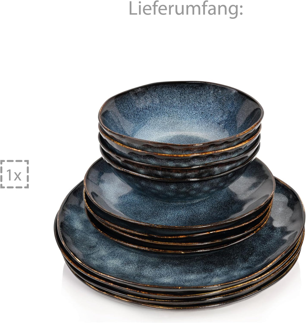 SÄNGER | Set de veselă Tokyo cu 12 piese, set de veselă din gresie pentru 4 persoane, inclusiv farfurii de cină, farfurii de desert și boluri, albastru închis cu accente negre | COLECȚIA PREMIUM