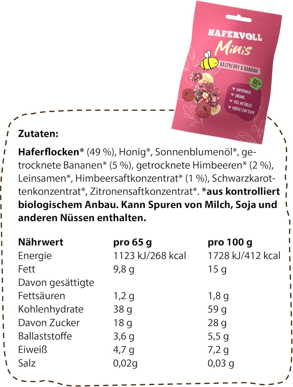 HAFERVOLL Minis Raps og Banan 8x 65g - Certificeret økologisk, med honning, uden tilsat sukker, perfekt til deling
