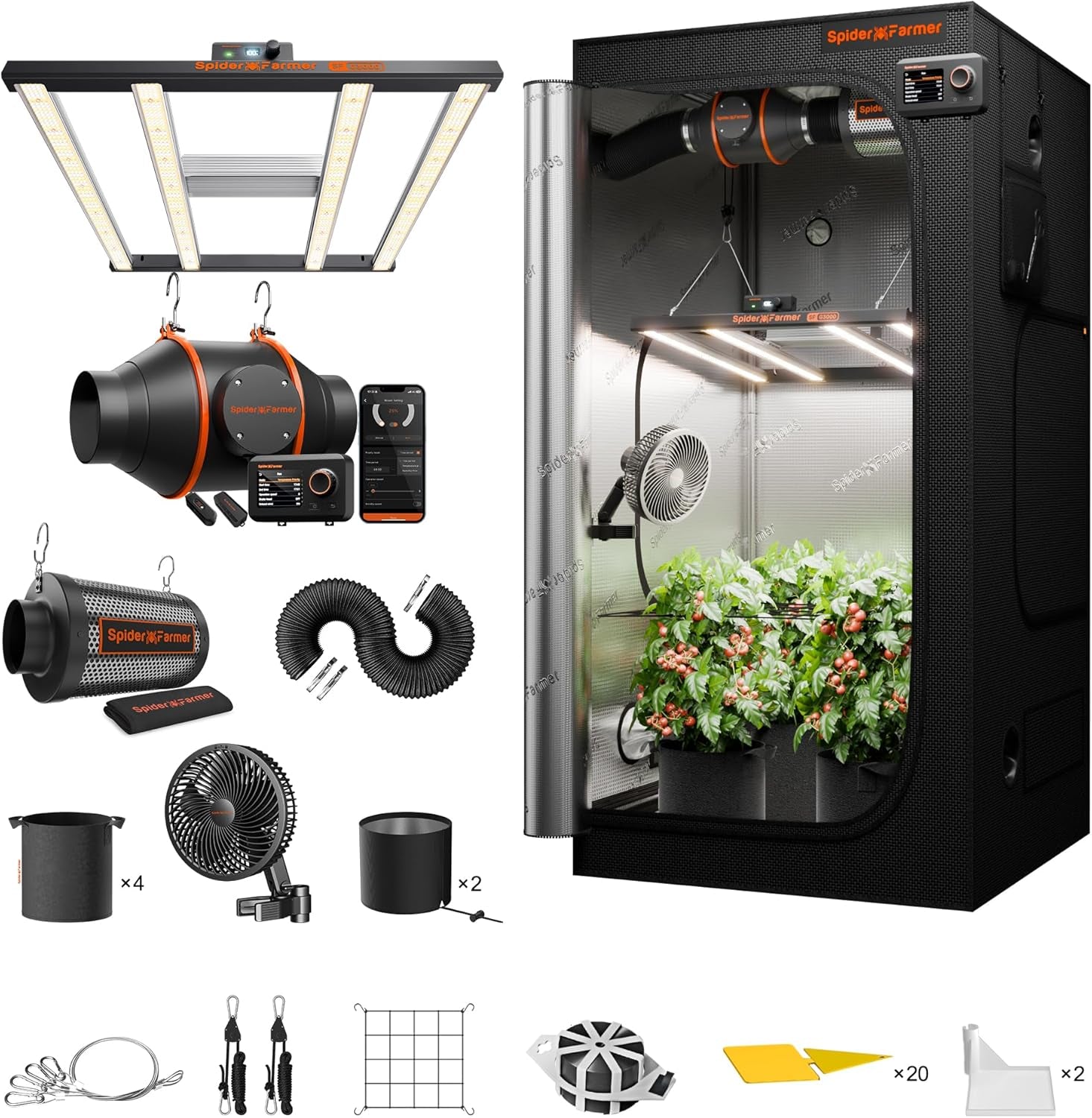 Spider Farmer SF1000 Full Spectrum Dæmpbar LED Grow Light, Samsung LM301H EVO Diode, 70x70x160cm Full Grow Telt Kit, Hydroponic Grow Telt Set, Ventilation System