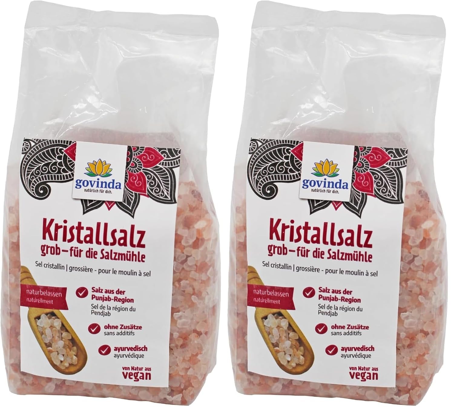 Govinda Kristallsalz - groft (1 kg) | 250 Millionen Jahre alt | Salz aus der Punjab-regionen | 100% naturlig skønhed & ohne Zusätze | Ayurvedisk | Vegansk | Ideel til saltmøllen