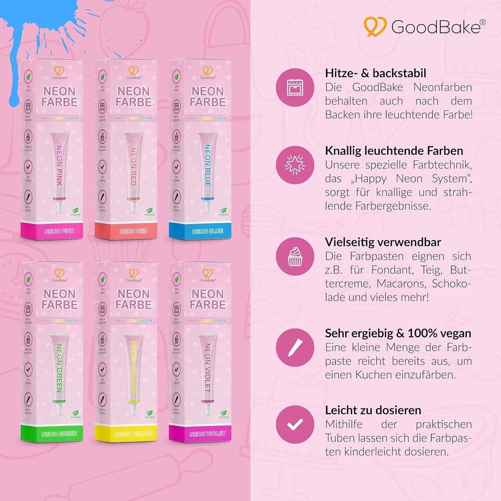 Goodbake Neonlebensmittelfarben 6 Farben Set – Intensive Lebensmittelfarbe – Lebensmittelfarbpaste – Zum Einfärben Von Torten, Fondant, Buttercreme Uvm. – 100% Vegan Naty Shop