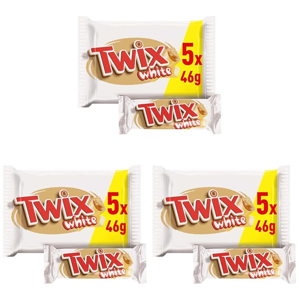 Twix hvide chokoladebarer; karamel, kiks, hvid chokolade; flere pakker chokolade; 5 barer (5 x 46 g)