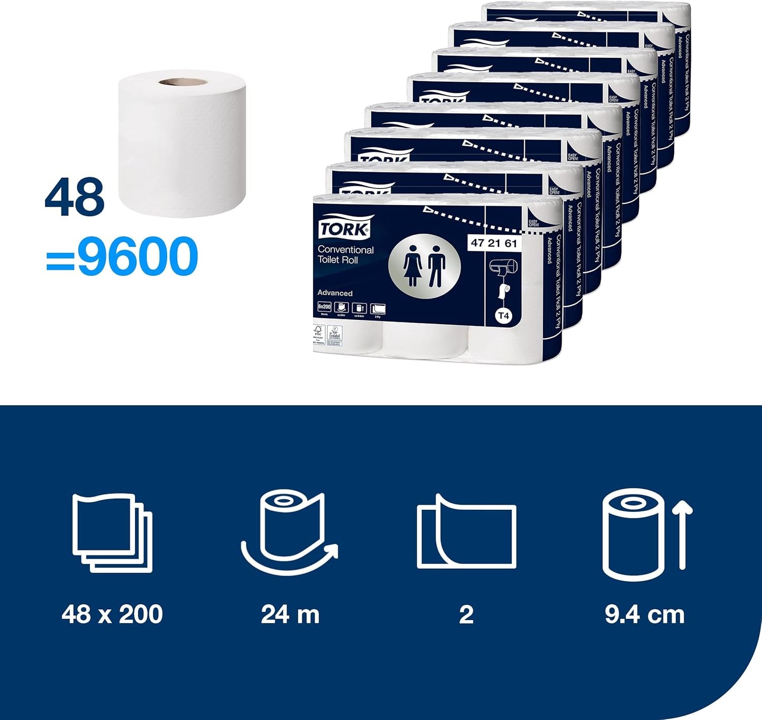 Hârtie igienică Tork Small Roll White T4, Advanced, 2 straturi, 48 × 200 foi, 472161