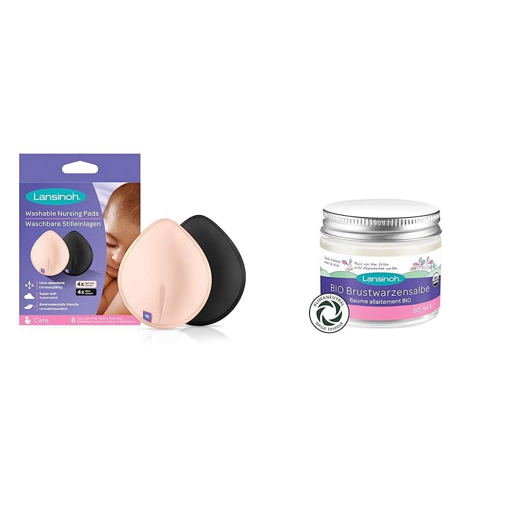 Lansinoh Lys pink og sort vaskbare ammeindlæg - 8 stk., Ultraabsorberende og BIO brystvortesalve Tilbehør Mad og Amning Bebe Naty Shop