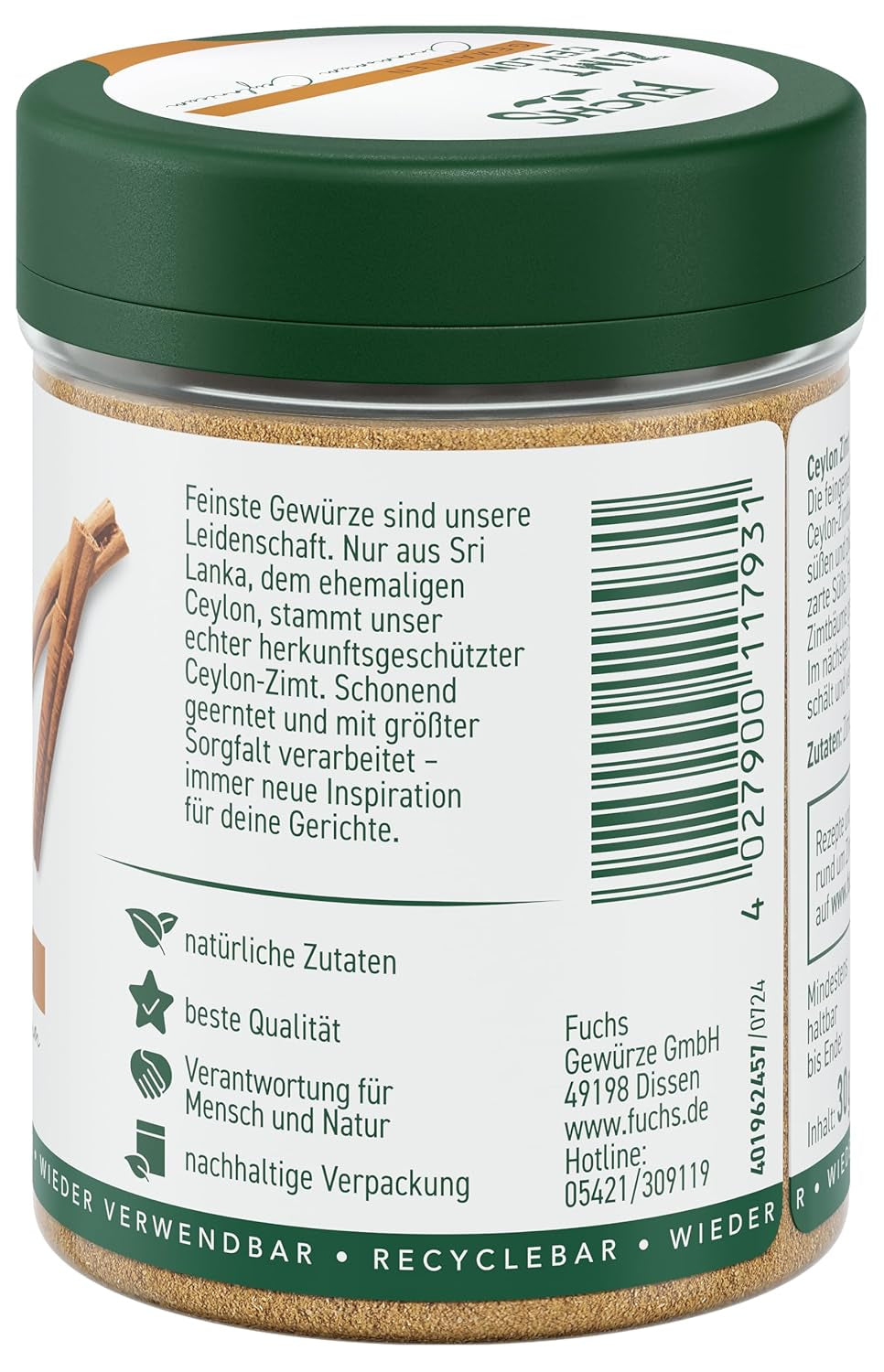 Fuchs Gewürze - Zimt Ceylon gemahlen | Aus natürliche Ingrediens | 30 g i wiederverwendbarer, genbrugsbarer Streudose