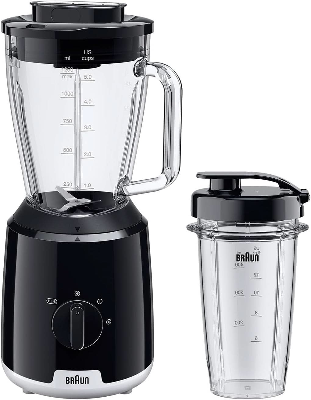 Braun Powerblend 1 JB1050WH - Standmixer med 1,5 L Glas-Mixaufsatz, Küchenhelfer Zum Zerkleinern, Pürieren & Mixen, Ice-Crush-Funktion, 2 Geschwindigkeiten, 600 Watt, Weiß Bucatarie Naty Shop Schwarz Glas-Mixaufsatz