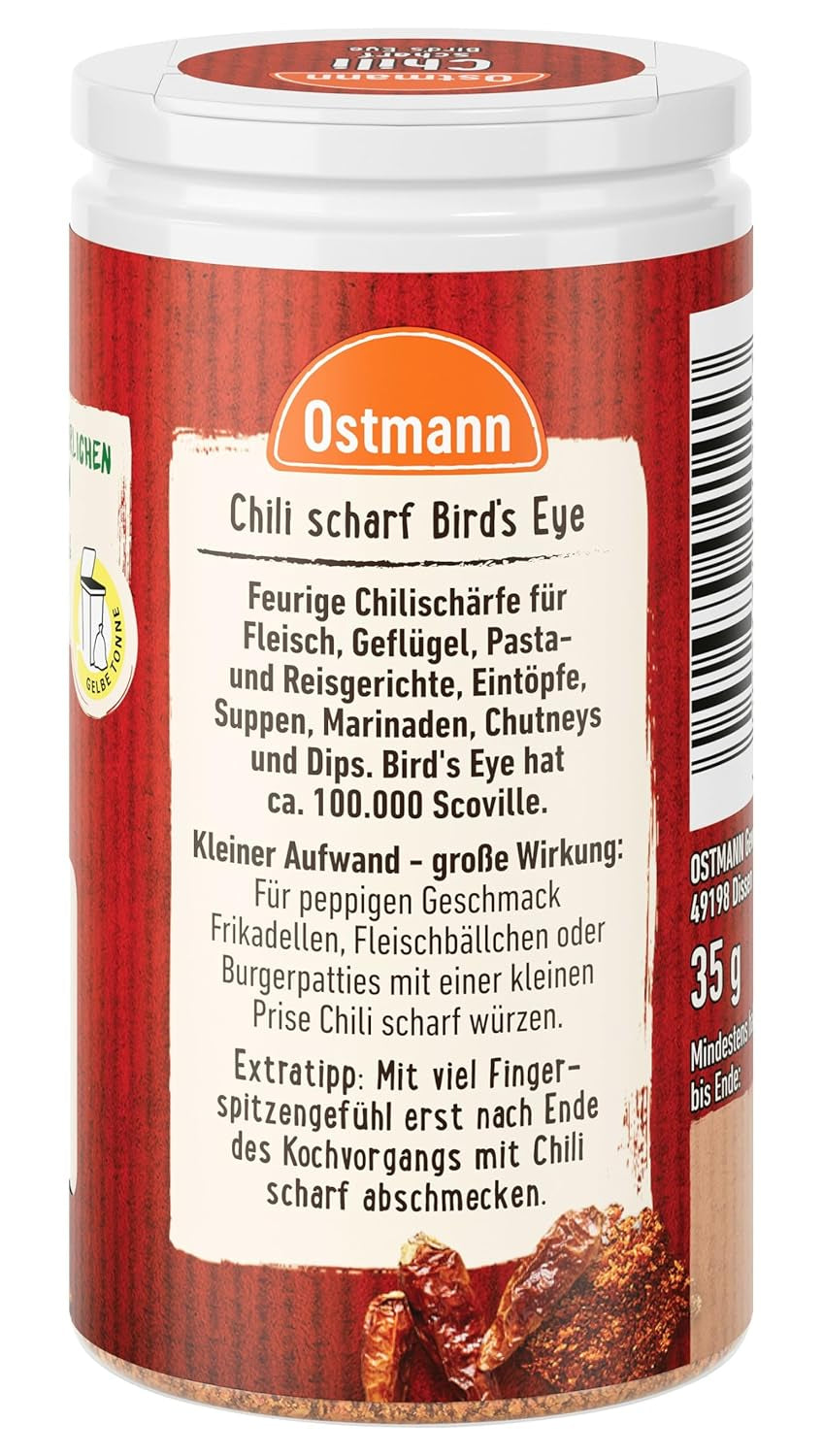 Ostmann Gewürze - Chilisarf Bird's Eye | Féurige Scharfe für Fleischgerichte und Eintöpfe | 35 g i Der Streudose