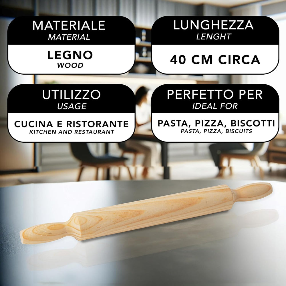 Nudelholz aus Holz mit Griffen – 40 cm x 4 cm – Nudelholz mit Antihaft-Oberfläche zum Ausrollen und Kneten von frischen Nudeln, Pizza, Keksen, Ravioli, Kuchen, Gebäck – nützlich in der Küche