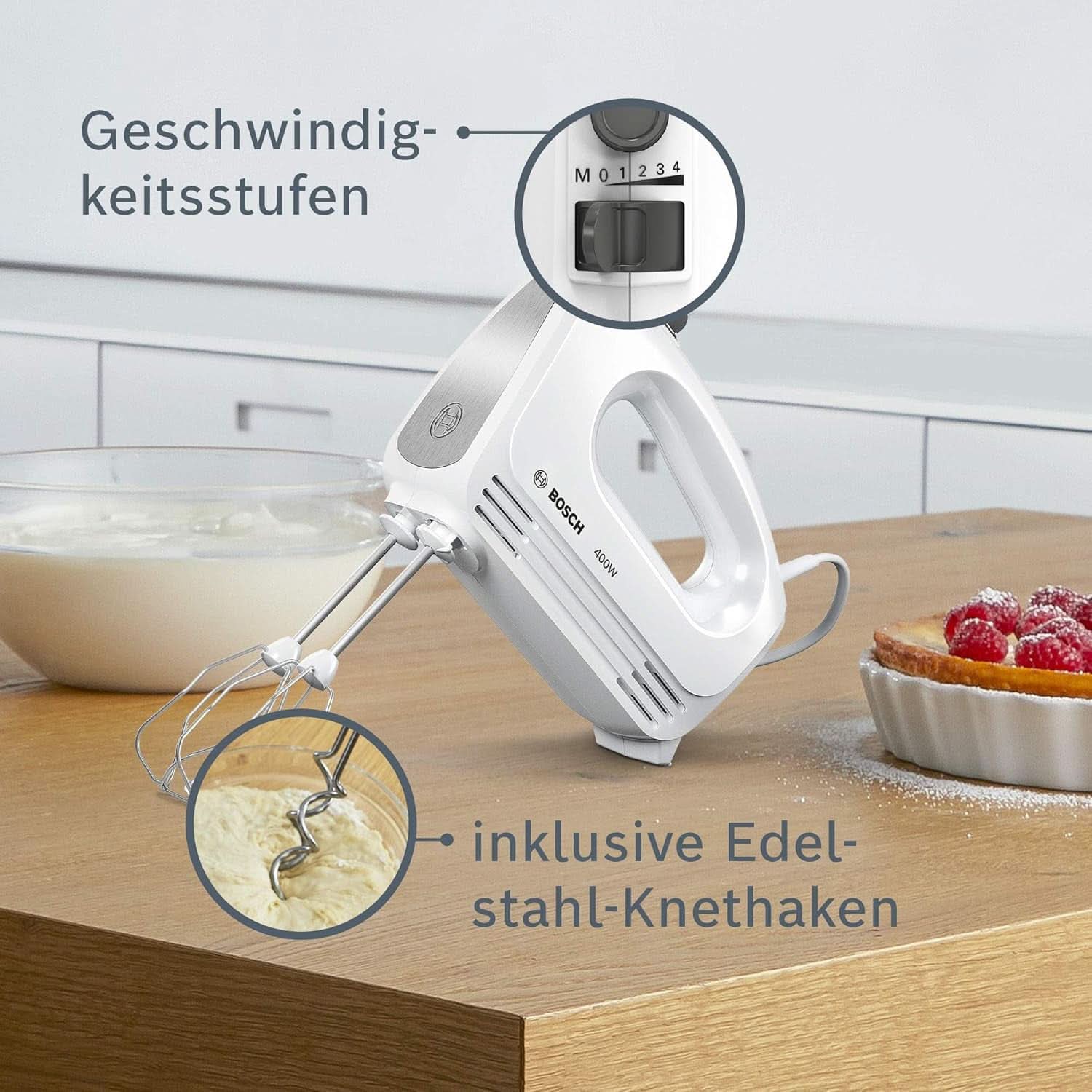 Bosch Hausgeräte Handrührer Clevermixx MFQ24200, 2 Rührbesen, 2 Spülmaschinengeeignet, 4 Stufen, Leicht, Leise, 400 W Weiß/Edelstahl Kitchen Naty Shop