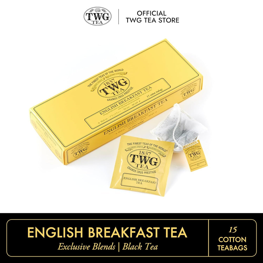 TWG Tea | Ceai englezesc pentru micul dejun | Ceai negru | Note florale | 15 pliculețe de ceai cusute manual din bumbac | Set cadou