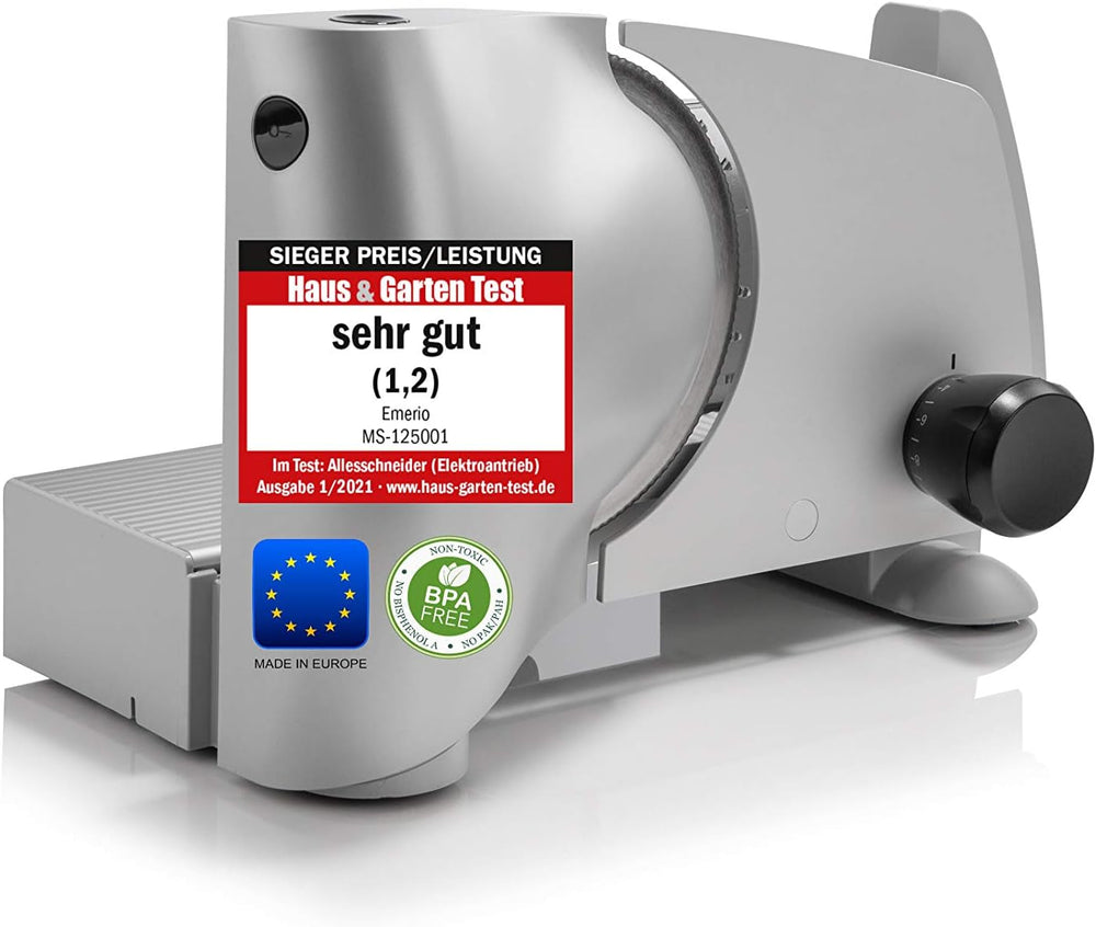 Emerio All Purpose Slicer „Made in EU” MS-125000, lamă din oțel inoxidabil fabricată în Germania, reglabilă 0-17 mm, 100 W Rasnite si Feliatoare Naty Shop Single Argintiu