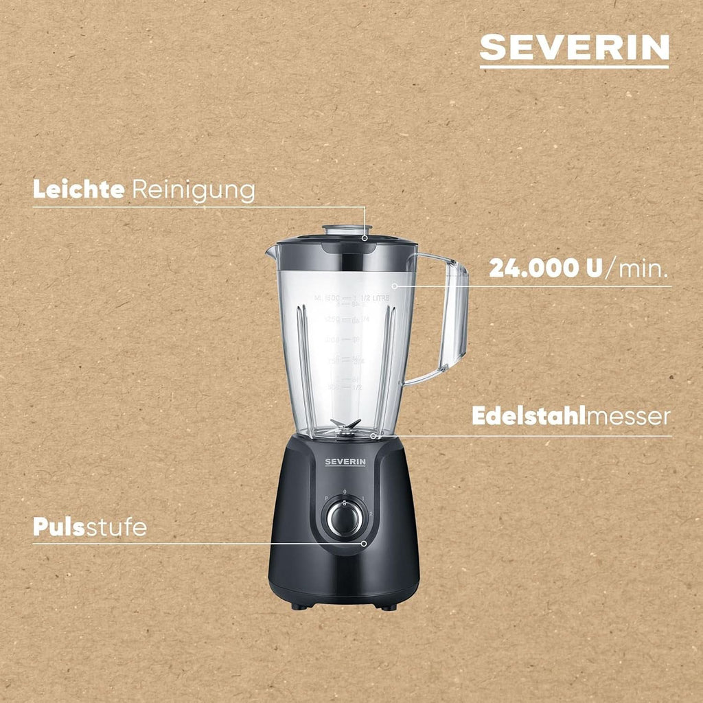SEVERIN Standmixer Mit 1,5 L Mixbehälter Aus Tritan, Mixer Mit 2 Stufen Und Pulse-Funktion, Leistungsstarker Küchenmixer Mit Edelstahlmesser, 600 W, Schwarz, SM 3707 Bucatarie Naty Shop