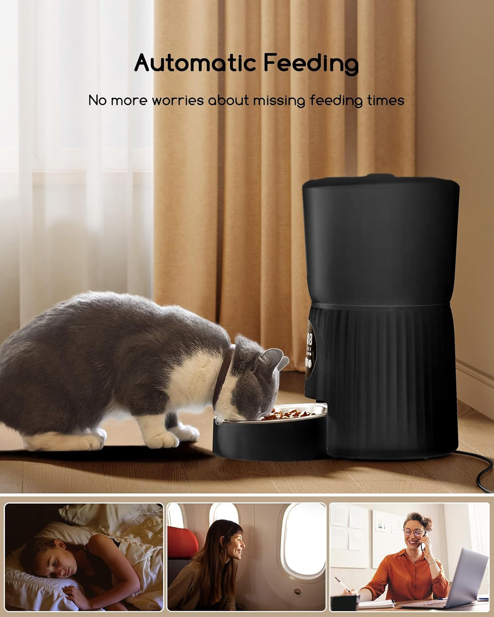 Faroro Futterautomat Katze, 4L Katzenfutter Automat, Futterspender Katze Mit 1–6 Mahlzeiten Per Tag, Portionskontrol, 10s Sprache, Langsames Füttern (Schwarz)