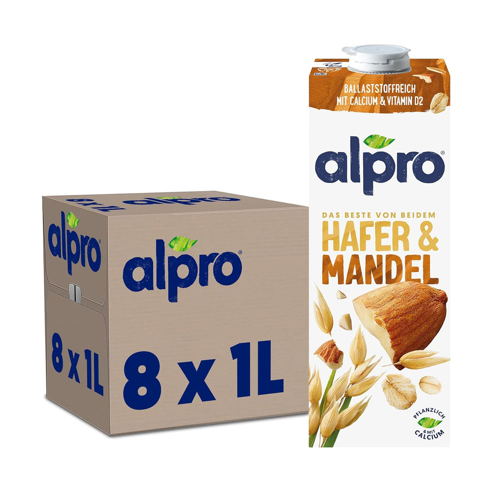 Alpro Haferdrink ohne Zucker – Milchalternative auf Haferbasis – Vegan og lactosefrei – Rich an Ballaststoffen, Calcium og Vitaminen – 8 x 1 L