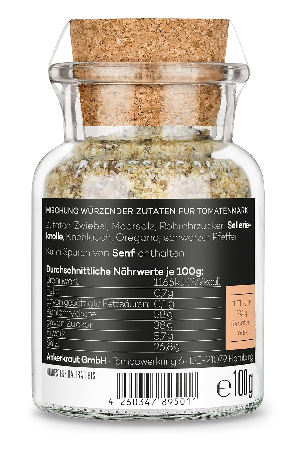 Ankerkraut Tomatensauce, til Pasta, Spaghetti, Tortellini og Klassiker aus Italien, Lecker zu Hause cochen, Mischung würzender Ingrediens für Tomatenmark, 100 g i korkglas