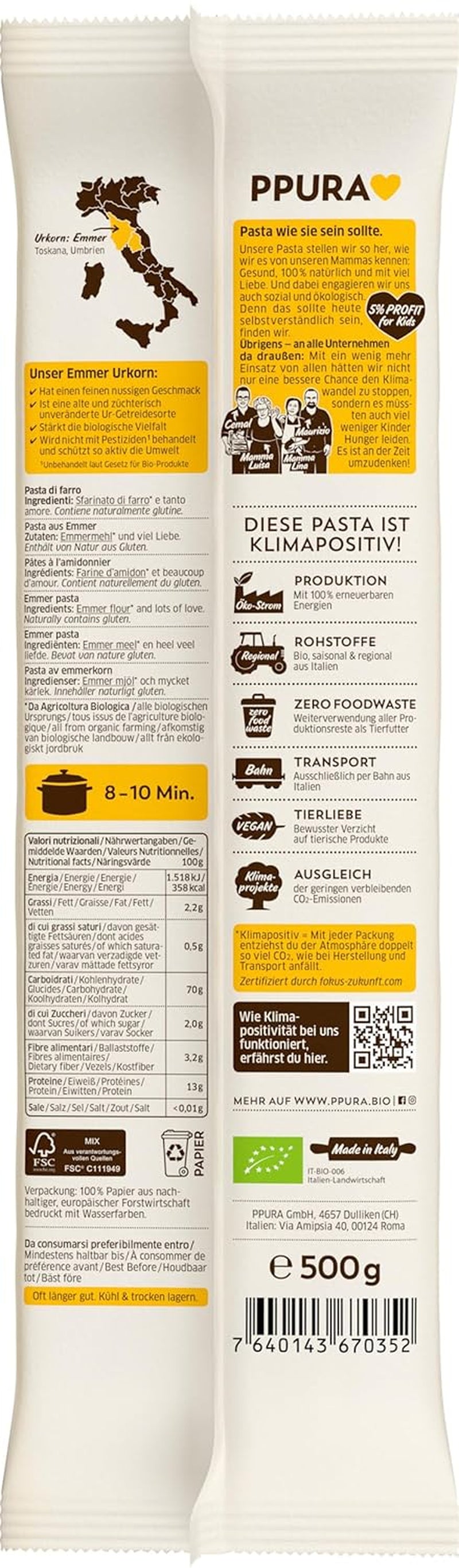 PPURA Økologisk Spaghetti Pasta med Emmer 500g, 100% naturlig emmer spaghetti, lavet i Italien - Italiensk pasta uden tilsætningsstoffer, farvestoffer eller konserveringsmidler