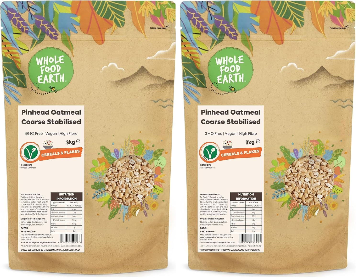 Wholefood Earth Pinhead Havregryn Groft stabiliseret 3kg | Ikke-GMO | Rig på fibre