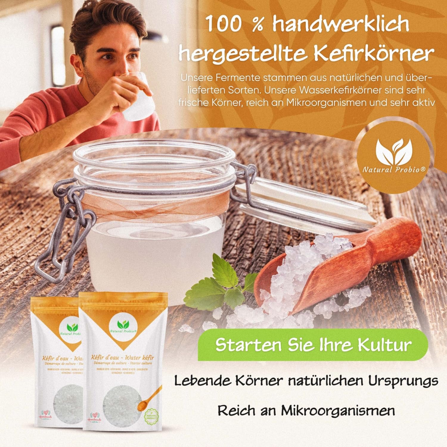 Natural Probio® Wasserkefir, Kefirpilz, Japankristalle, Kefirknollen, Starter Set + Anleitung, Rezept, Tipps, E-Book & Rezeptbibliothek + Kundenservice auf Lebenszeit (10g dehydreret/60g rehydreret)