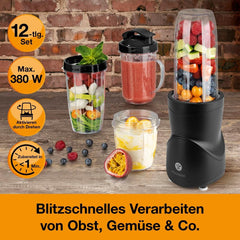 Smoothie Maker 12-Tlg | To-Go Deckel & 4 Mixbeholdere | Für Obst, Gemüse & Nüsse | Myte Ice-Crush Funktion | Mini-Standmixer Zum Mixen, Rühren, Zerkleinern, Mahlen, Hacken & Pürieren | BPA-fri Kitchen Naty Shop
