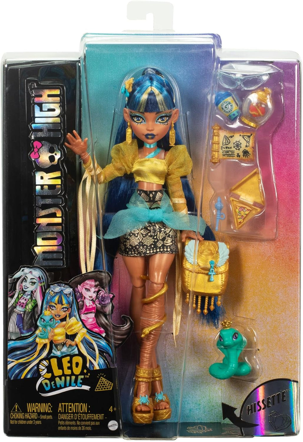 Monster High Cleo De Nile dukke i guldbluse og lagdelt nederdel, inkluderer Cobra Hissette Pet og tilbehør såsom rygsæk, snack og papirrulle, HXH74 Naty Shop Dolls