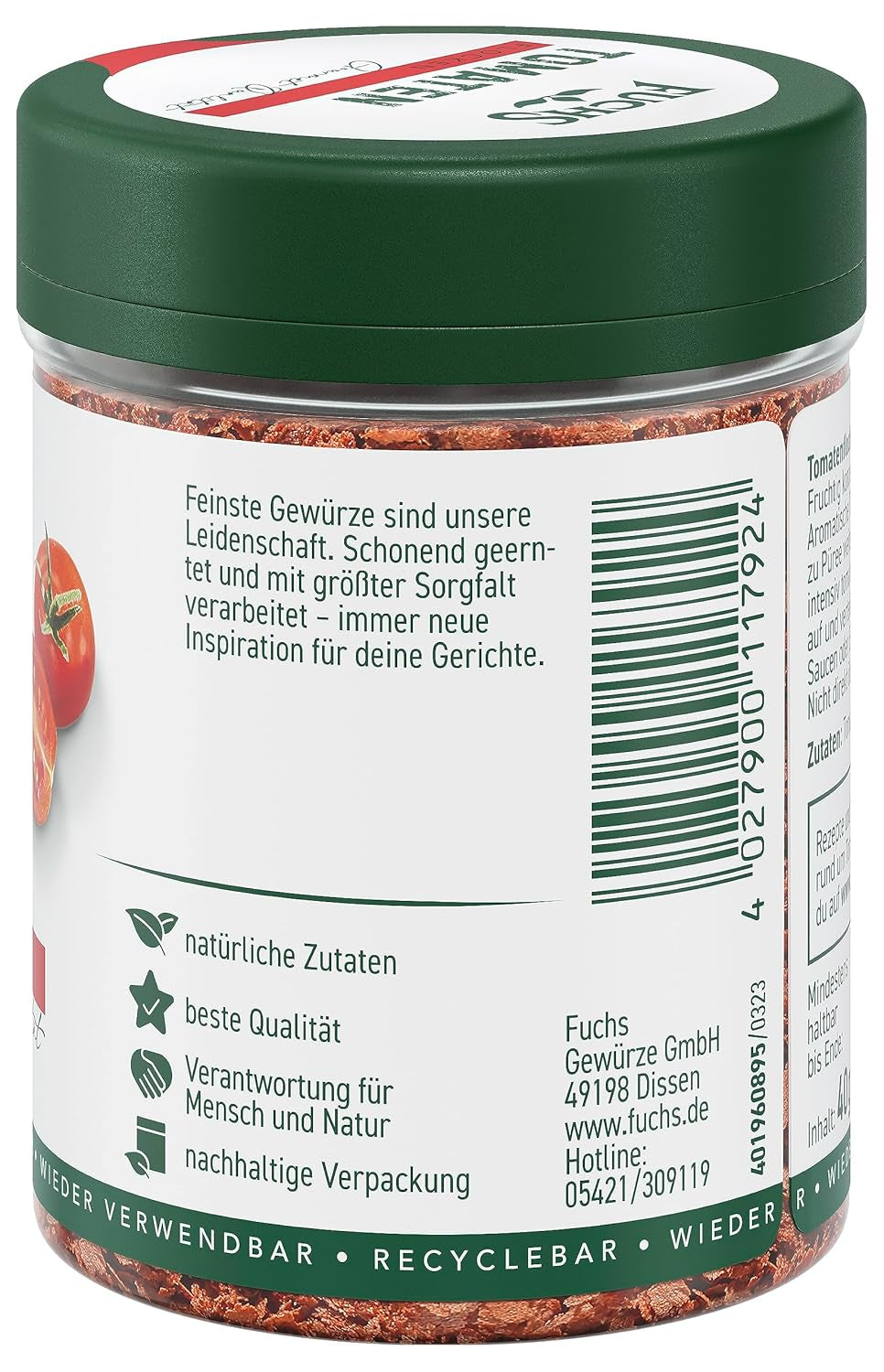 Fuchs Gewürze - Tomaten Flocken - Gewürz für Ofenfeta oder tomatigen Geschmack i sauce - naturlige ingredienser - 40 g i wiederverwendbarer, genbrugsbarer Dosis