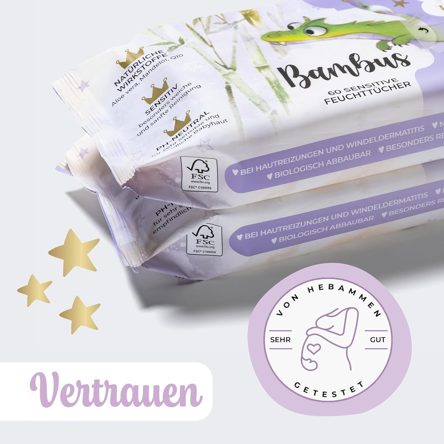 Millis Bamboo Baby Sensitive vådservietter til sart babyhud - 5 x 60 stykker - Naturlig, skånsom og bæredygtig rengøring - Biologisk nedbrydelige babyservietter, plastikfri og alkoholfri