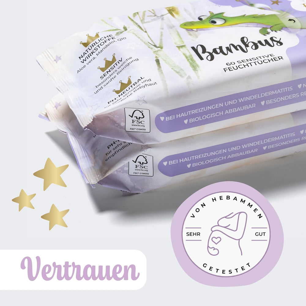 Millis Bamboo Baby Sensitive vådservietter til sart babyhud - 5 x 60 stykker - Naturlig, skånsom og bæredygtig rengøring - Biologisk nedbrydelige babyservietter, plastikfri og alkoholfri