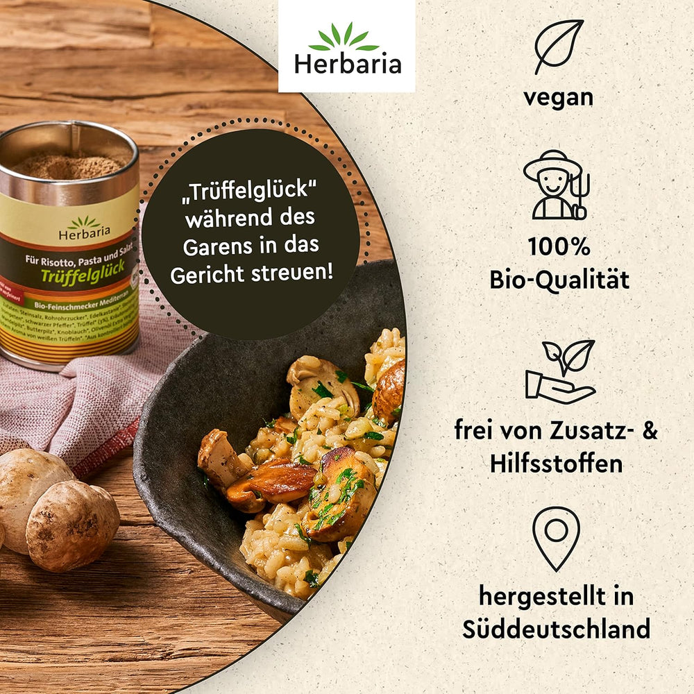 Herbaria Trüffelglück bio 110g M-Dosis - Fertiges Bio-Pilz- & Trufflegewürz for intensiv-köstliche Gerichte - mit erlesenen Ingrediens - i nachhaltiger Aromaschutz-Dose