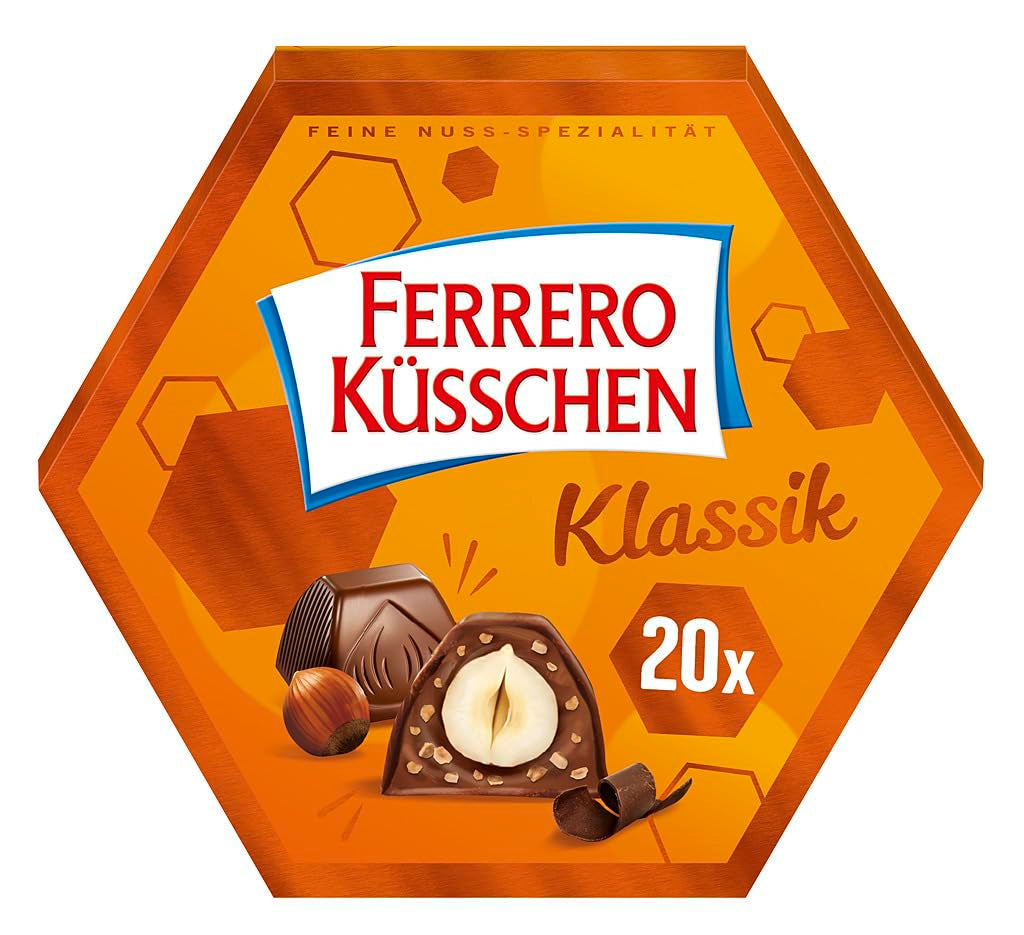 Ferrero Küsschen White Crispy - Valentinsdagsgave til ham og hende - Sprøde ristede hasselnødder i let creme med sprøde chips, dækket af hvid chokolade, 1 pakke med 20 individuelle praliner