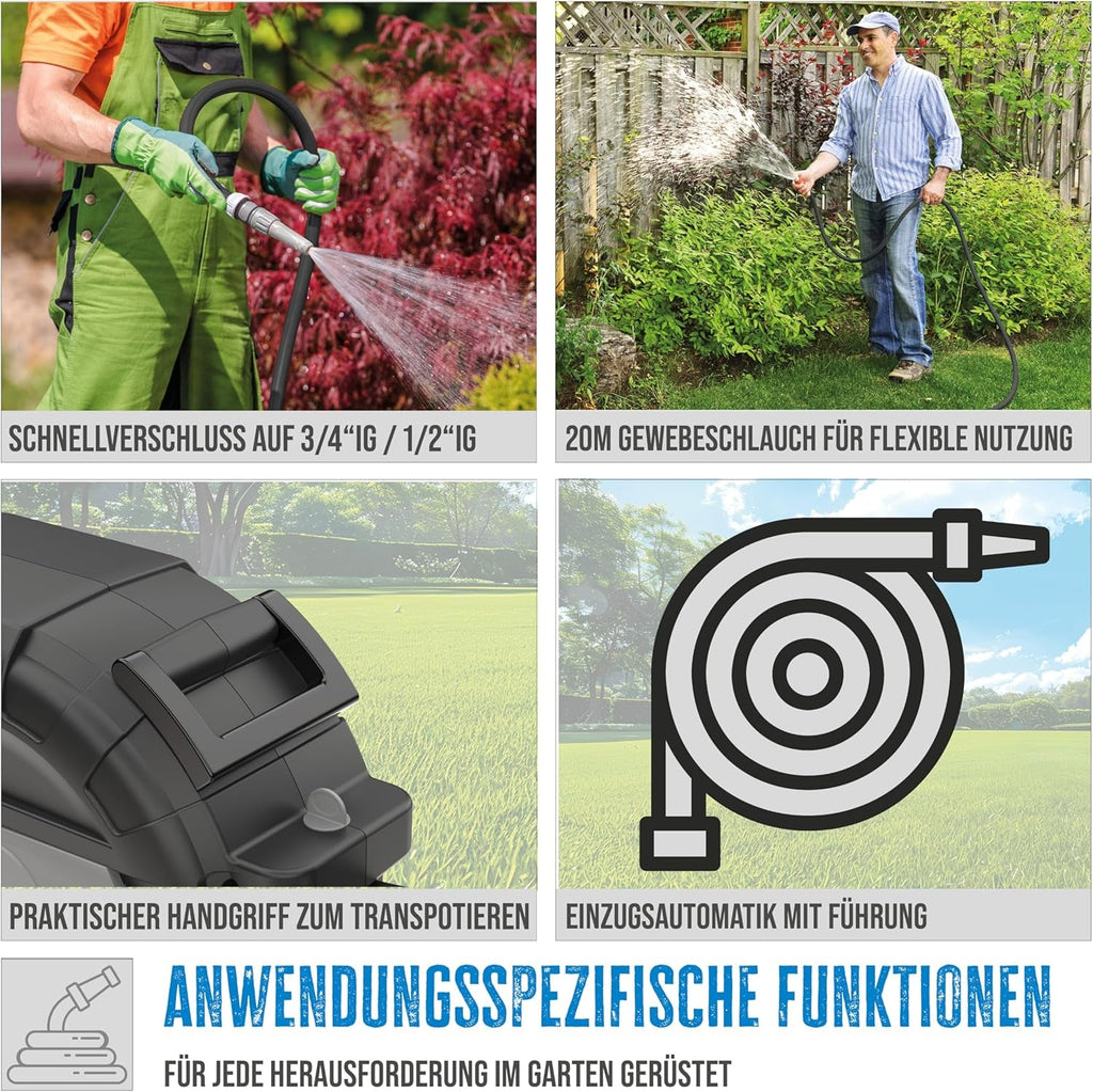 Rolă automată pentru furtun Güde 20-2-2 1/2 (pentru montare pe perete, rotire la 180°, furtun de 20 m, pulverizator de apă, suport de perete, retragere automată, opritor retragere, mâner de transport, 2 cuplaje rapide)