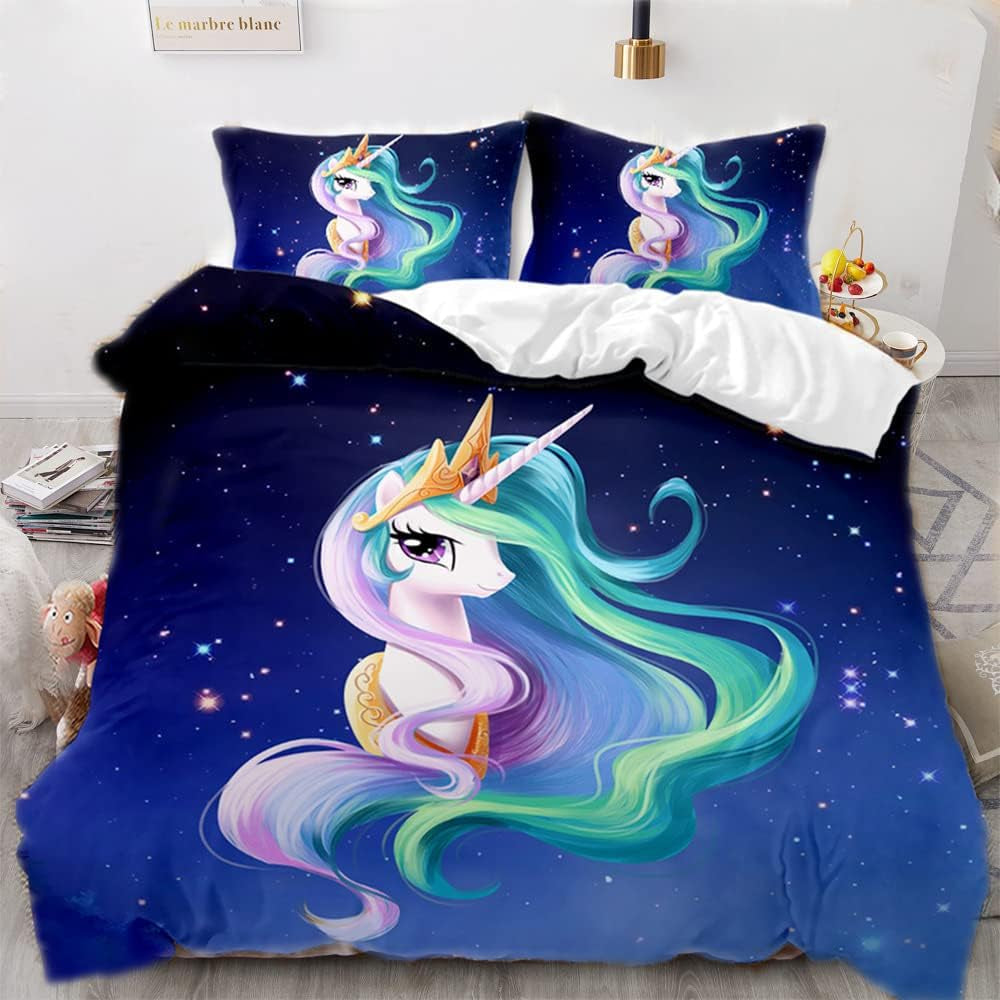 Sengetøj til piger, Unicorn, 2 pudebetræk Sengetøj - børn Naty Shop Unicorn på blå baggrund 220×240 Cm