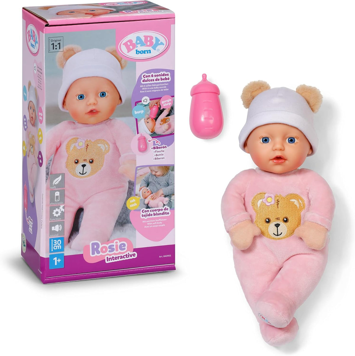 Păpușă moale Baby Born Rosie 30 cm cu 6 sunete și biberon, roz