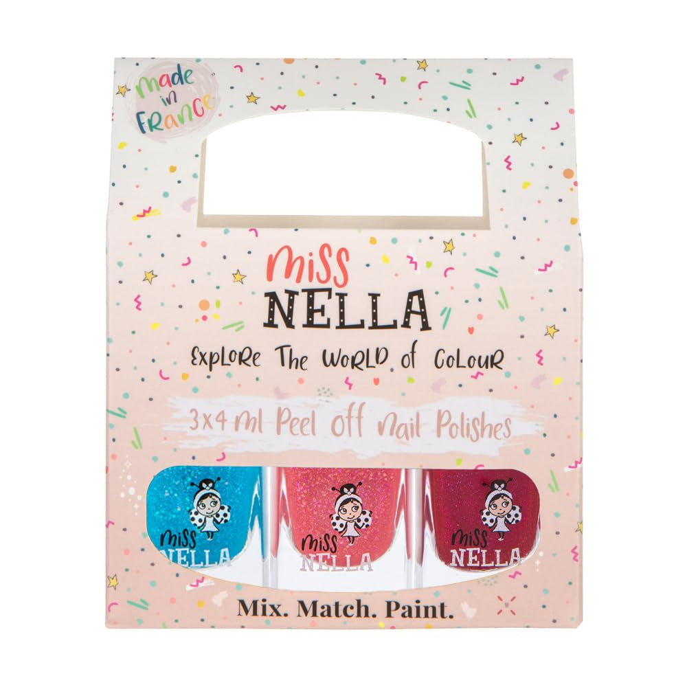 Miss Nella Magic Collection 4-delt glitter neglelaksæt: Pink, rød, guld og blå, special aftagelig neglelak til børn, ikke-giftig, vandbaseret, lugtfri