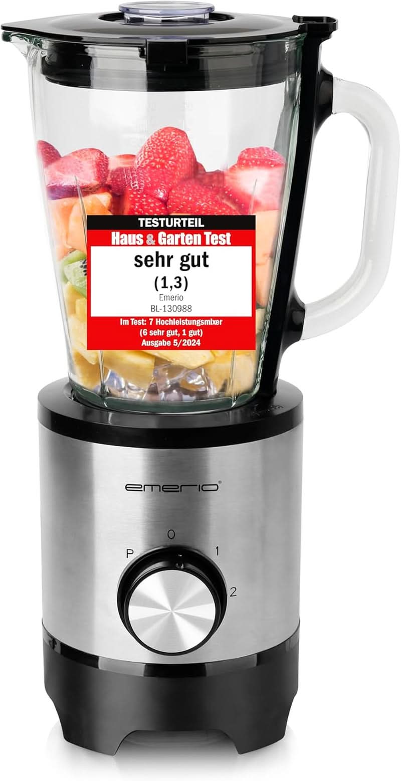 Emerio Standmixer BPA Frei Crush Ice Funktion 1.5L Beholder 2 Geschwindigkeiten + Pulse Funktion Messereinheit Aus Edelstahl Sicherheitsschalter Geschirrspülgeeignet 500 Watt BL-12816.8 Schwarz Bucatarie Naty Shop Silber