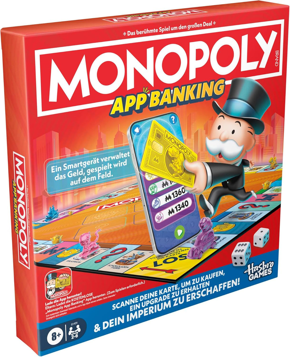 Monopoly Board Game App Banking - tysk version, moderne version af det klassiske elektroniske spil for børn fra 8 år og opefter, for 2 til 6 spillere