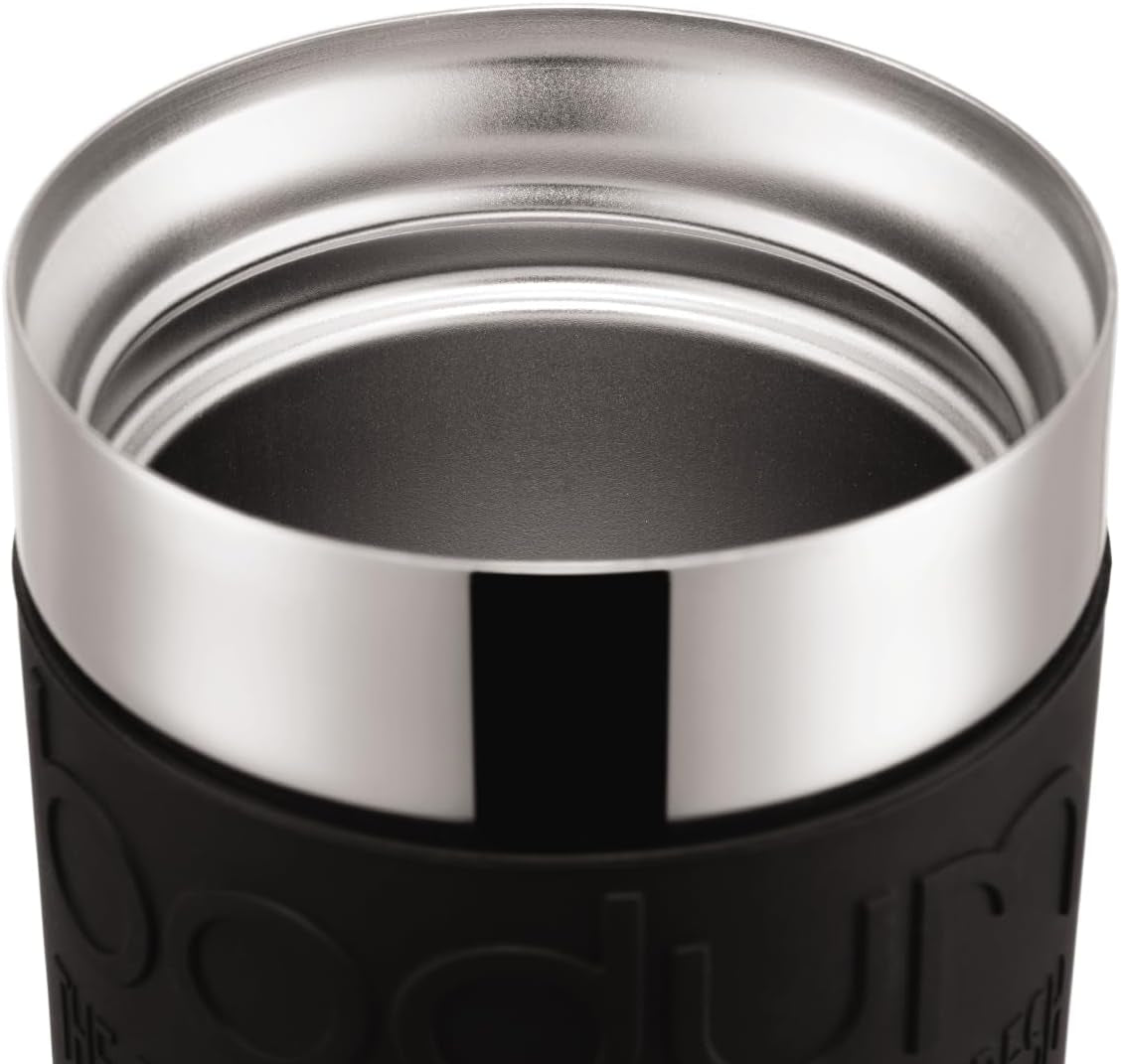 Cafetieră Bodum K11067-01 Travel Press din oțel inoxidabil, neagră, cu capac de schimb, 350 ml