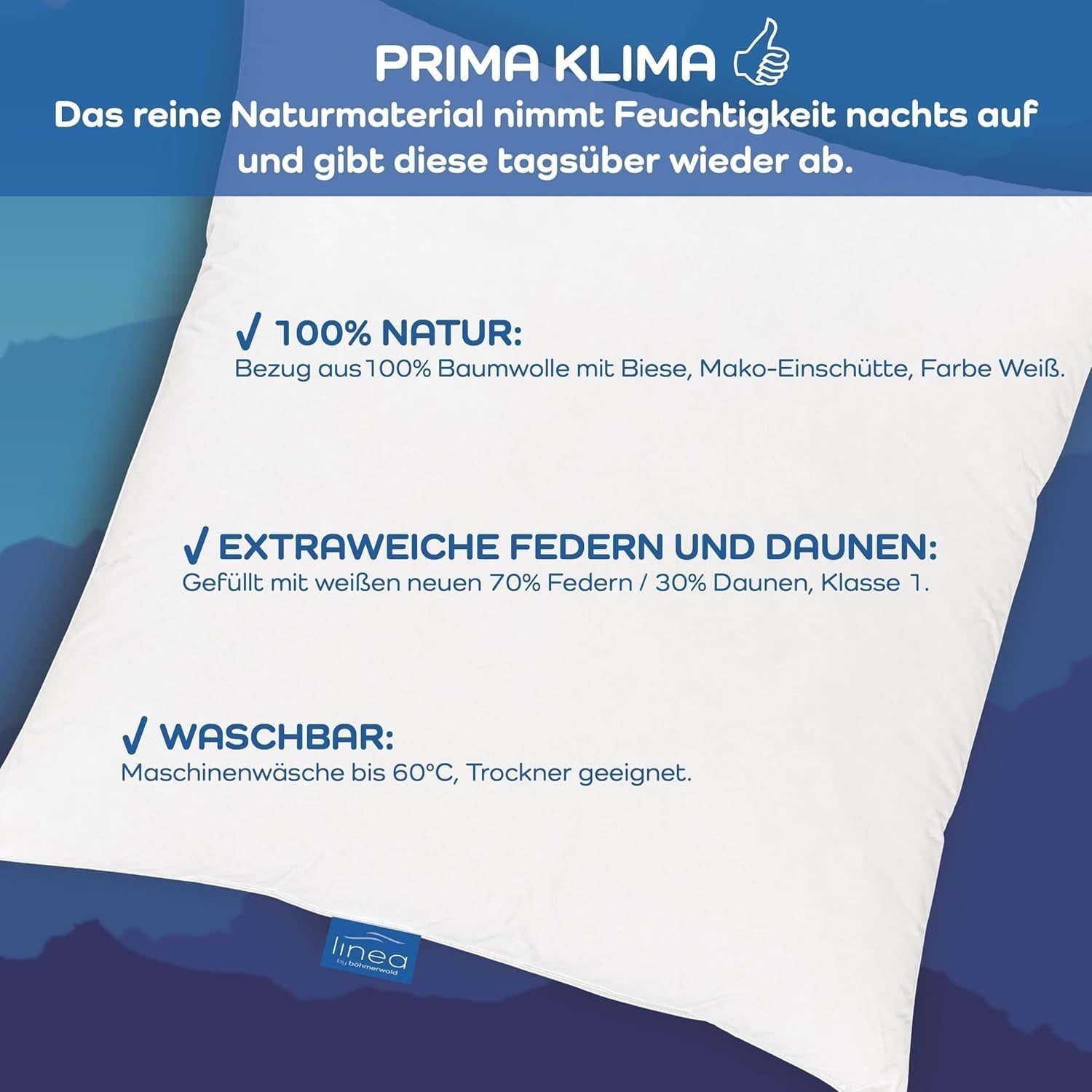 LINEA by Böhmerwald - Cosy - Pernă de înaltă calitate Balance, 80X80, 70% pene clasa 1, 30% puf nou, potrivit pentru alergici, lavabil până la 60°C, produs în Germania Perne standard Naty Shop