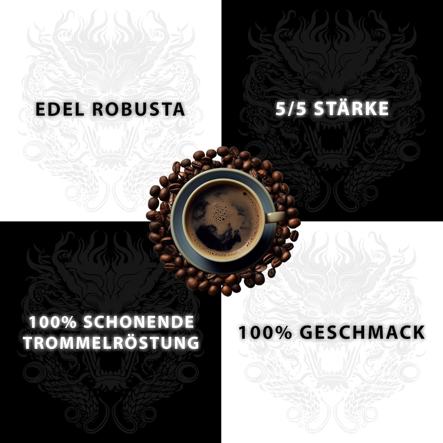 Black Dragon Espresso 100% Robusta - Boabe de cafea prăjite extra tari - Cafea foarte tare și corpolentă, cu conținut ridicat de cafeină - Espresso foarte tare