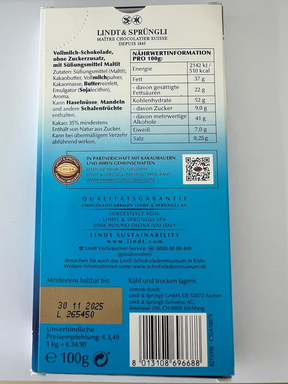 Lindt mælkechokolade uden tilsat sukker | Bar 100g | Den fineste og glutenfri | Chokolade gave