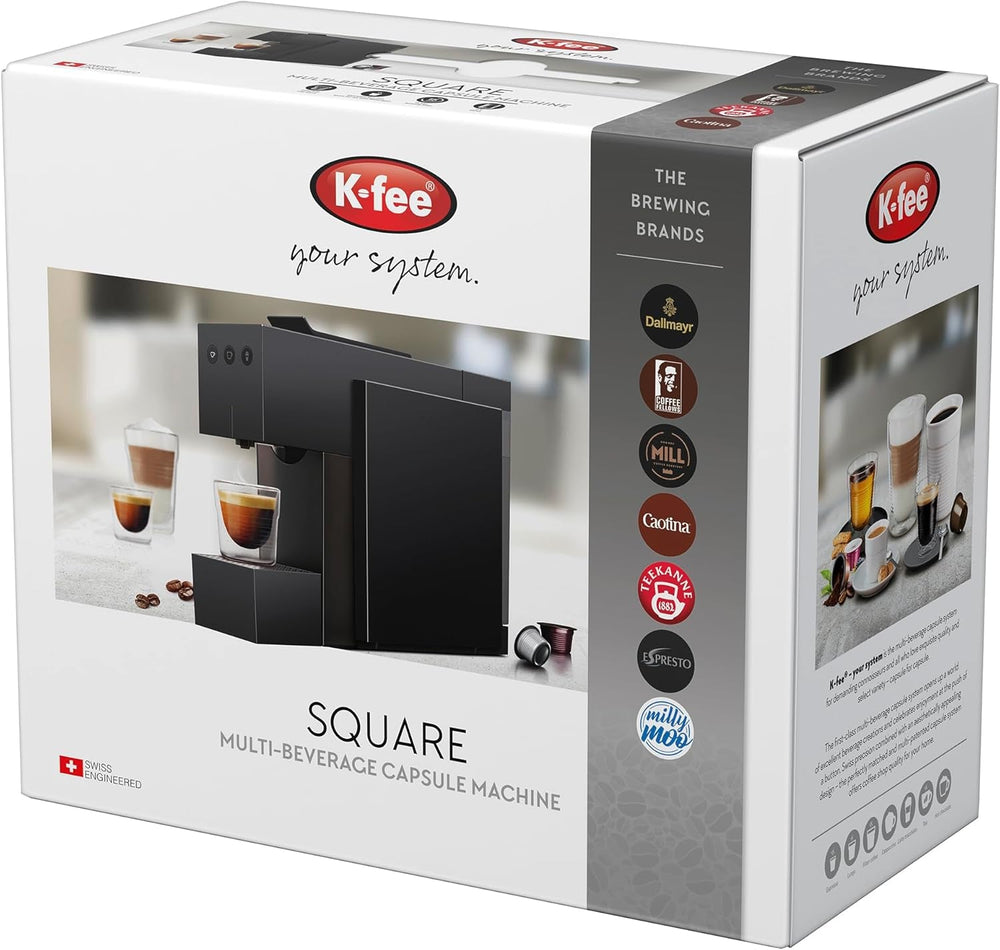 Espressor cu capsule K-FEE SQUARE pentru cafea, ceai și cacao | Espressor compact | Încălzire rapidă | Rezervor de apă de 0,8 l | 19 bar | Negru piano