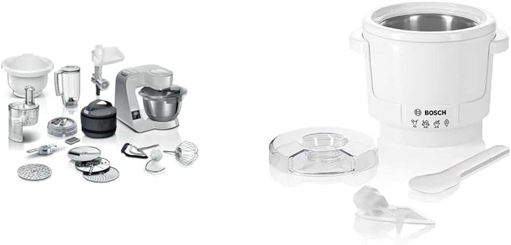 Bosch Series 4 MUM5X720 foodprocessor, integreret vægt, skål i rustfrit stål 3,9L, mixer 1,25L, 1000W Tilbehør Mad og amning Bebe Naty Shop-pakke med ismaskine Silver Grey 6 tilbehør