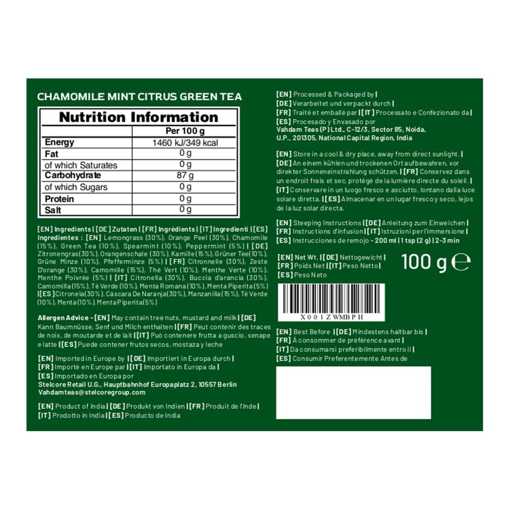 VAHDAM, ceai verde cu mușețel, mentă și citrice (100 g) Ceai natural 100% | Ceai verde, flori de mușețel, mentă, coji de portocală, ceai de mușețel | Direct de la sursa din India