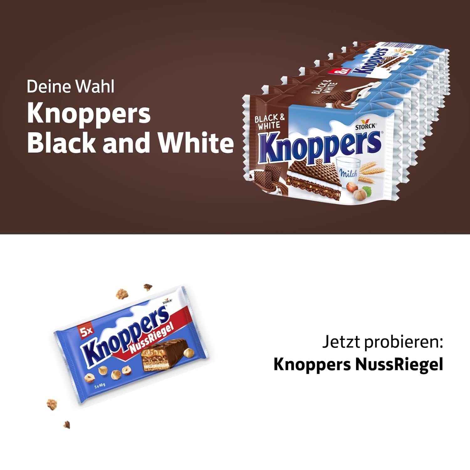 Hvide og sorte Knoppers – 8 x 25 g – Vaffelskiver fyldt med mørke kakaoblater, stykker af sorte kiks, mælk og nougatcreme