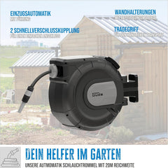 Rolă automată pentru furtun Güde 20-2-2 1/2 (pentru montare pe perete, rotire la 180°, furtun de 20 m, pulverizator de apă, suport de perete, retragere automată, opritor retragere, mâner de transport, 2 cuplaje rapide)