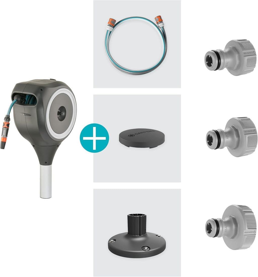 Cutie furtun terasă Gardena RollUp M: Cutie rezistentă la intemperii cu tehnologie de rulare și furtun de 20 m, pentru udarea grădinilor de dimensiuni medii cu terasă, înfășurare automată, albă (18615-20)